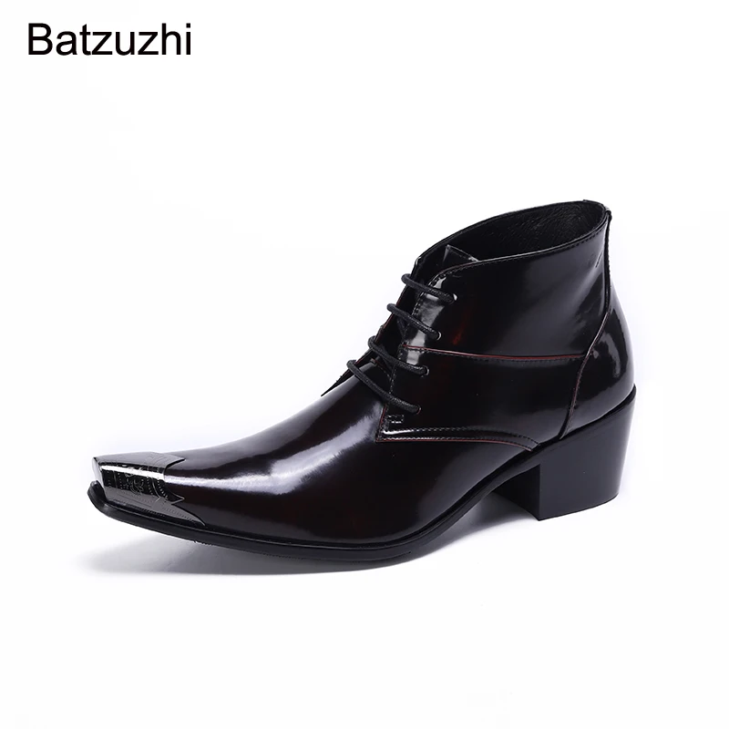 Batzuzhi British Style Handmade Men Boots Pointed Toe Black Leather Ankle Boots Men 6.5cm High Increased Botas Hombre, 38-46