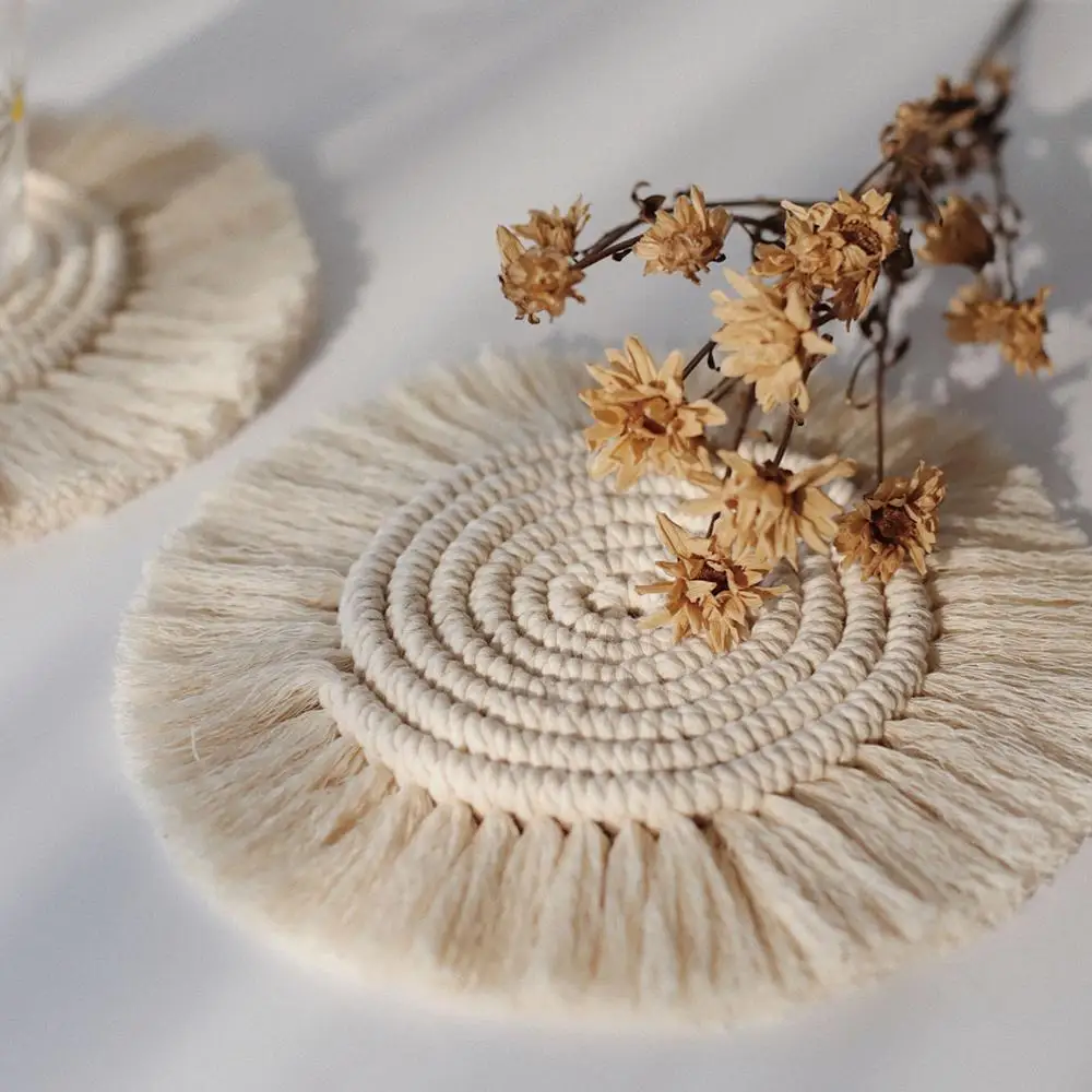 

Cotton Braid Coaster Handmade Macrame Cup Cushion Bohemia Style Non-slip Cup Mat