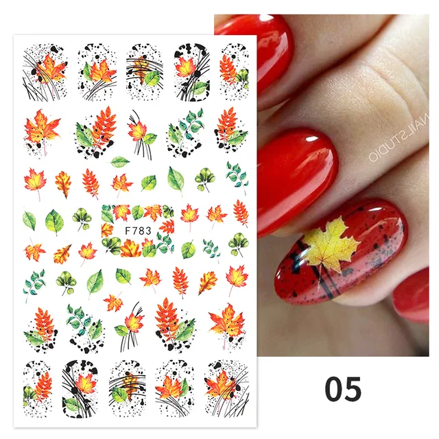 1PC Lines Maple Leaves Nail Foil Stickers Autumn Gold Flower Leaves Transfer Decals Slider Nails Art Decoration DIY Manicures F783 05