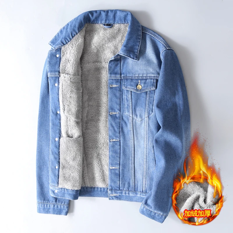 

Men Winter Jean Jackets Lightblue Cowboy Outerwear Warm Denim Coats New Men Wool Liner Thicker Fleece Denim Jacket Plus Size 5xl