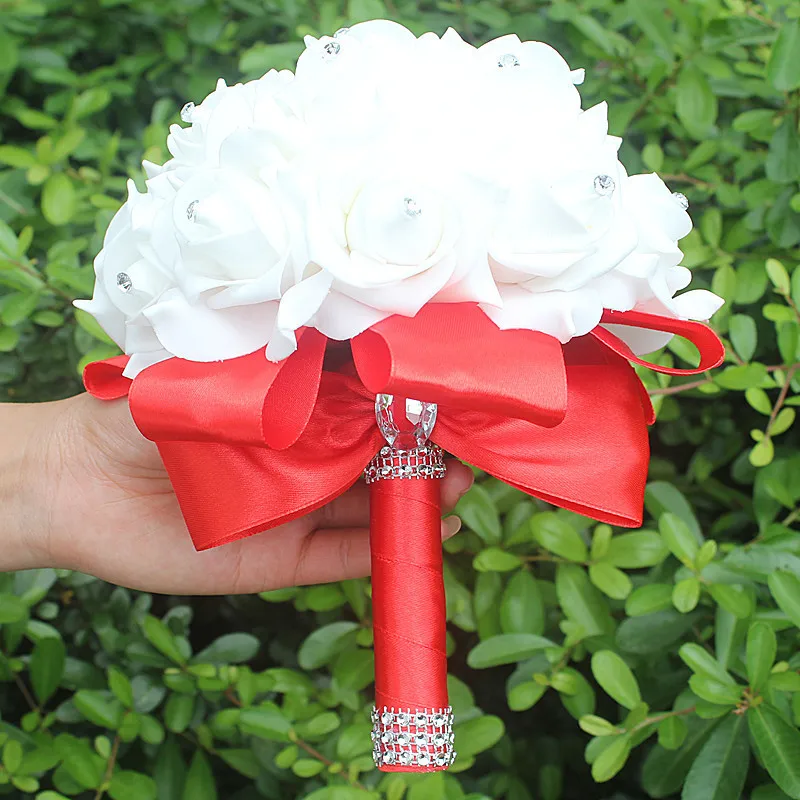 perfectlifeoh Wedding Bridal Bouquet Artificial Flower PE Foam Roses With Faux Crystal Rhinestone Ribbons for Party Church Decor wedding bouquets artificial rose flowers
