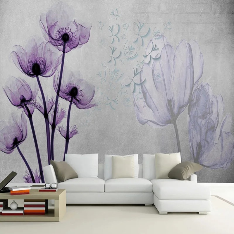 

Custom Self-Adhesive Wallpaper 3D Stereo Transparent Vintage Nostalgic Purple Flower Mural Living Room Bedroom Papel De Parede