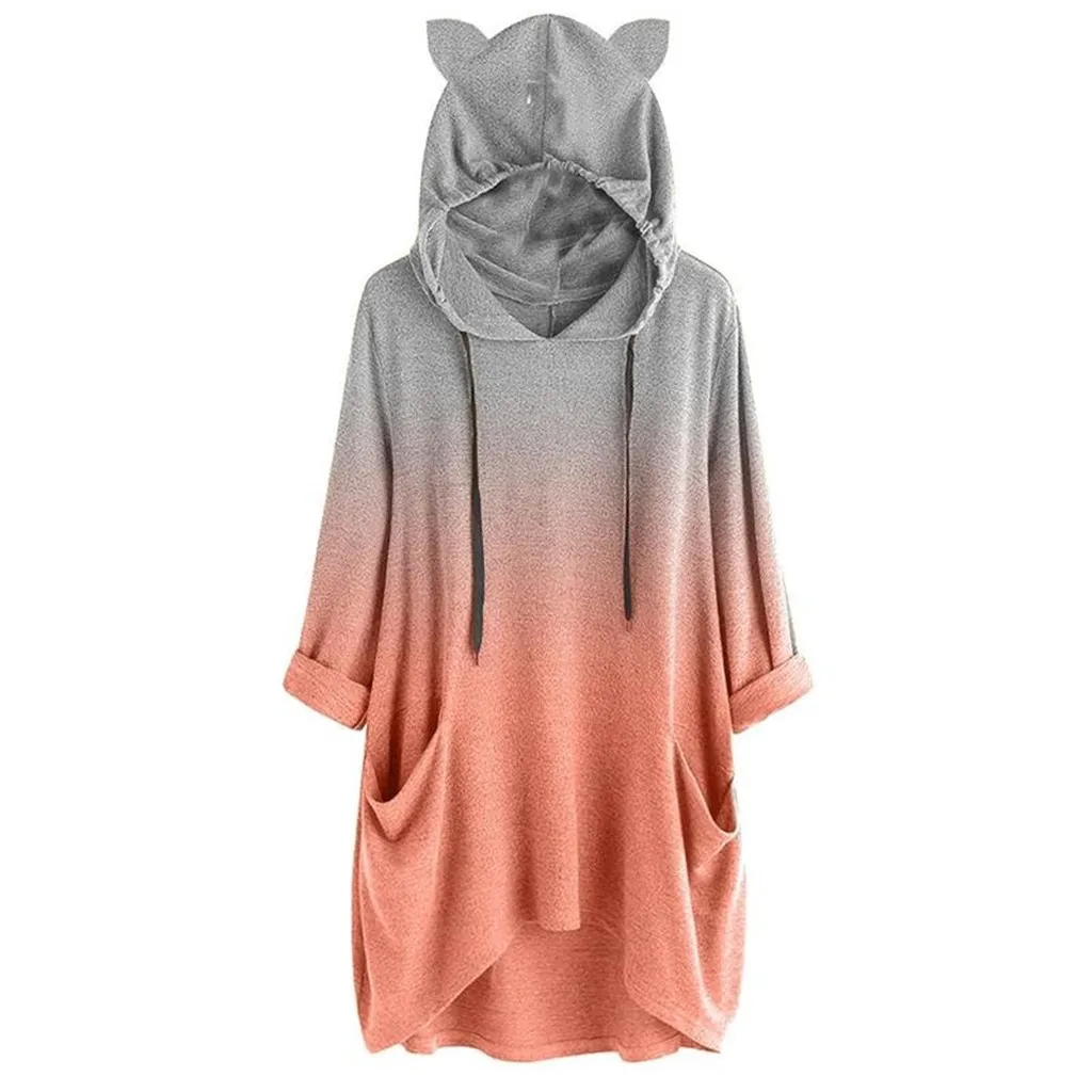 

Casual Hooded Sweatshirt Women Cat Ear Gradient Color Long Sleeves Tracksuit Sweat Coat Autumn Casual Sportswear With Pocket