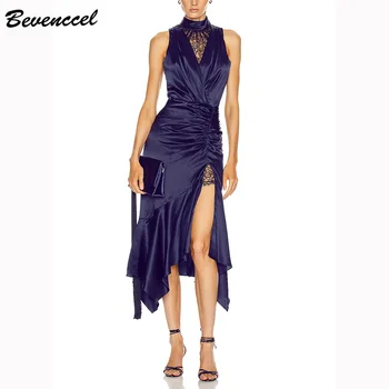 

Bevenccel High Quality Summer Women Dress 2020 New Arrival Split O Neck Lace Patchwork Sexy Runway Evening Party Dress Vestidos