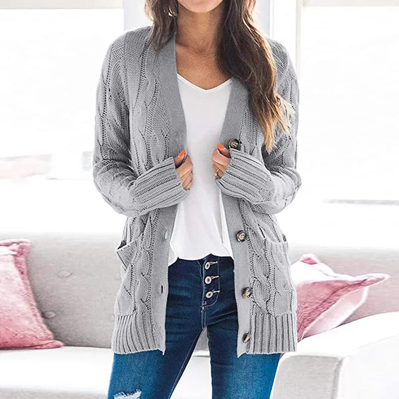 

2022 Fall Winter Women Long Pockets Button Casual Knit Sweater Fashion Loose Long Sleeve Warm Outwear Coat Twist Button Cardigan