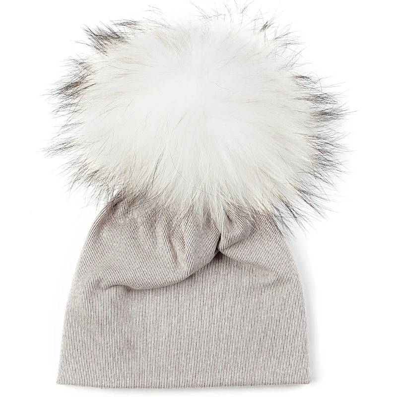 Geebro/Детские шапочки для мальчиков и девочек, зимние теплые шапочки для новорожденных, шапки унисекс с черепом для 0-9 месяцев, с помпоном из натурального меха 15 см - Цвет: khaki white
