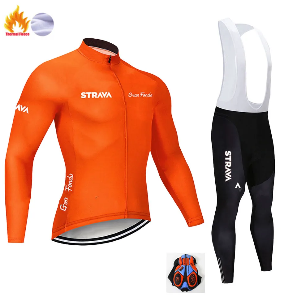 Winter Cycling Suit STRAVA Велоспорт Джерси зимний теплый флис с длинным рукавом набор 9D гель нагрудник брюки Майо Ropa ciclismo Hombre велосипед одежда - Цвет: Winter Cycling Suit