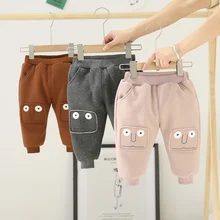 Теплые повседневные зимние штаны из плотного бархата для маленьких мальчиков и девочек детская одежда длинные штаны с рисунком; WT1003