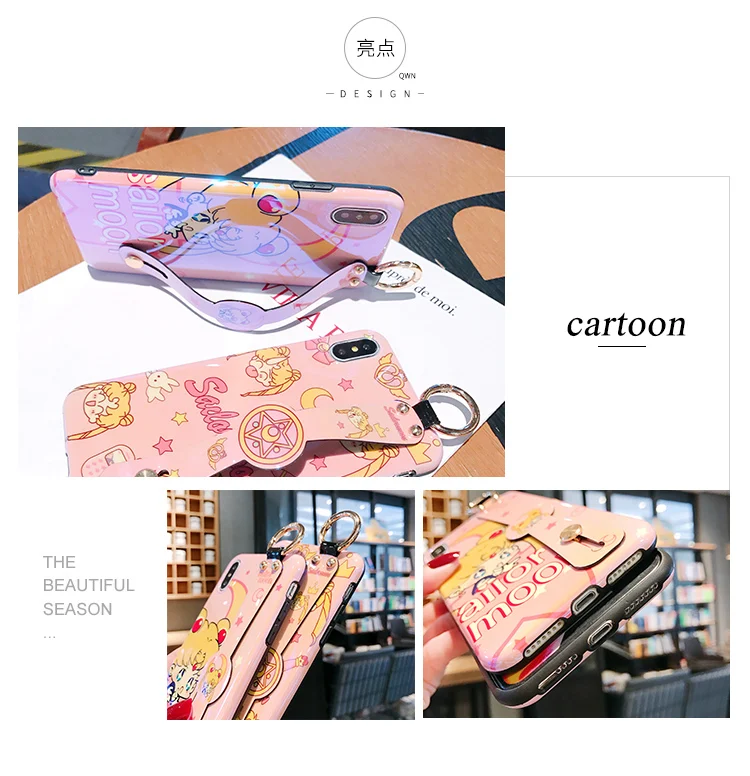 Мягкий чехол для iphone XR XS max X pink Sailor Moon с ремешком на запястье для iphone 8plus 7 7plus 6 6S 6p с рисунком тарако