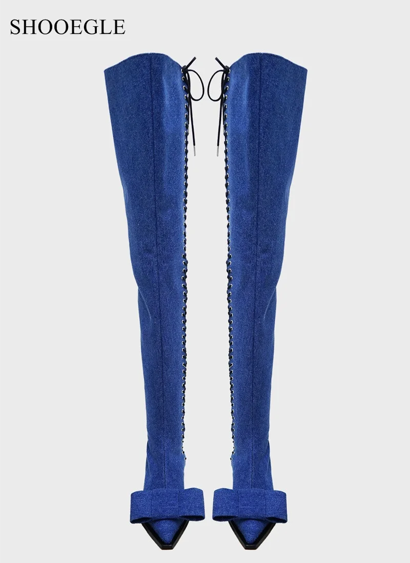 Botas Mujer/ г. Обувь для подиума женские сапоги до бедра на шнуровке с перекрестной шнуровкой Женские Сапоги выше колена с острым носком и бантом на не сужающемся книзу массивном каблуке