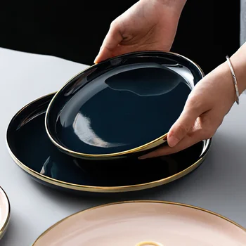 

8/10 Inch North European Ins Phnom Penh Pink Ink Blue Round Ceramic Plate Family Kitchen Supplies Bone China Western Food Plate