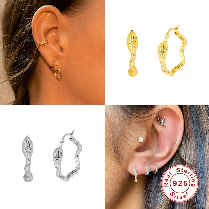 

GS 11mm 925 Sterling Silver Hoop Earrings For Women Gold Snake Hoops Plain Rock Punk Luxury Piercing Pendiente Earring Jewelry