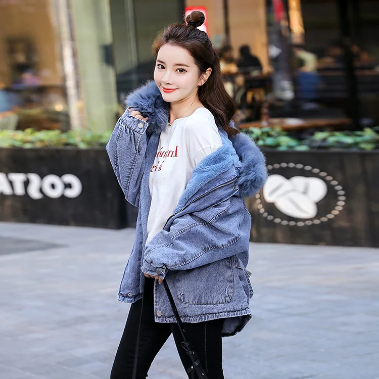 

Brushed And Thick Large Fur Collar Cowboy Cotton Coat Women's 2019 Winter New Style Korean-style Loose-Fit Hooded Cowboy Cotton-