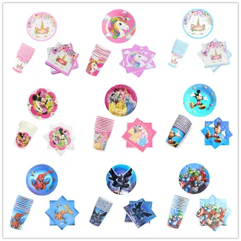 

60PCS Avengers Disposable Tableware Set Unicorn Mickey Minnie Mouse Paper Plate Cup Napkin Boys Girls Birthday Party Decorations