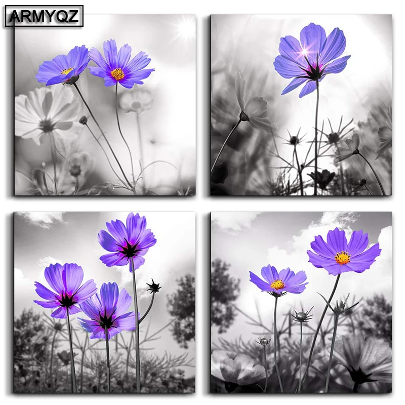 ARMYQZ 5D DIY Diamond Embroidery 4pcs Black and White purple flower Still Life diamond Painting Cross Stitch mosaic | Дом и сад