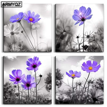 

ARMYQZ 5D DIY Diamond Embroidery 4pcs Black and White purple flower Still Life diamond Painting Cross Stitch Diamond mosaic
