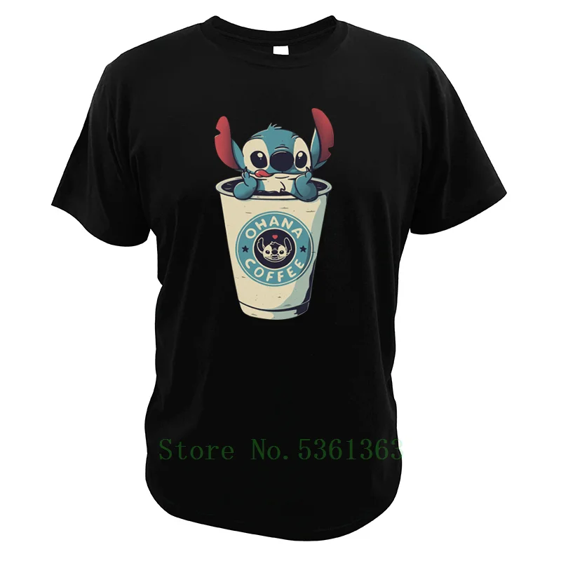 Lilo And Stitch tshirt Ohana Coffee Funny Short sleeved Tees Standard EU Size S-5XL Adventure Cotton Cartoon t shirt |