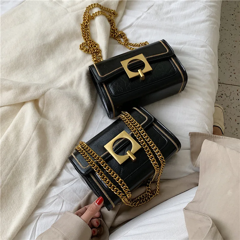 

2019 Autumn New Style WOMEN'S Bag Square Lock Chain Shoulder Bag Solid Color Chain Square Sling Bag Car Suture All-match Bag