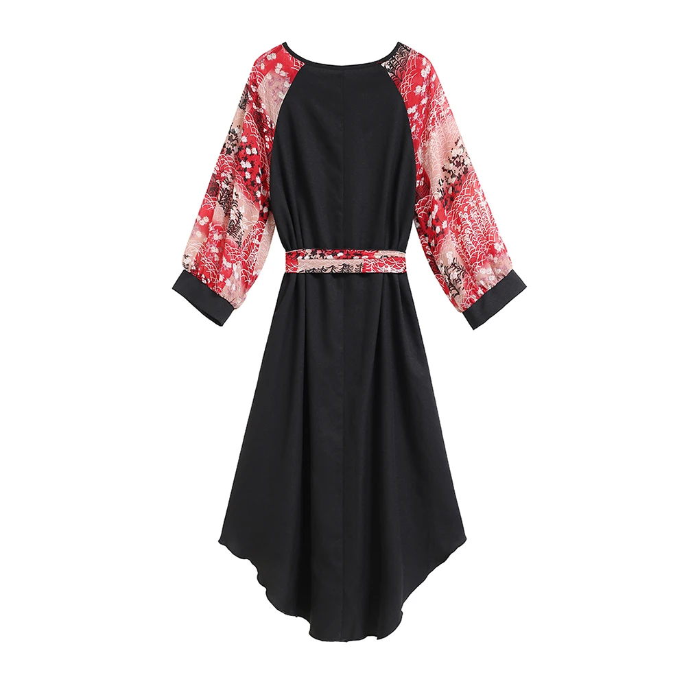 Atimvaya, новинка весны, модное лоскутное платье с принтом и длинным рукавом для женщин, плюс размер, Ассиметричное платье миди, черное, розовое, с поясом