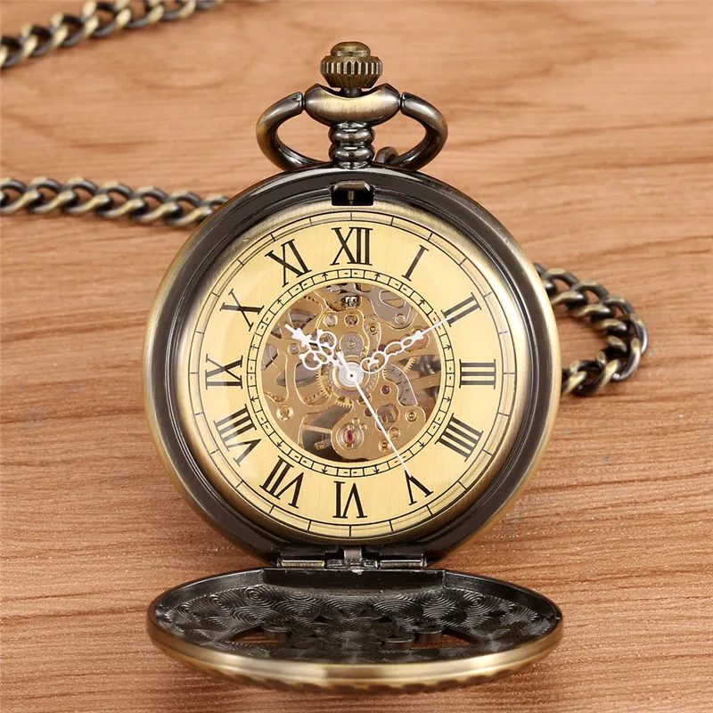 Ancient Classical Watches Unisex Mechanical Hand Winding Pocket Watch Roman Number Skeleton Timepiece Fob Chain Collectable Gift