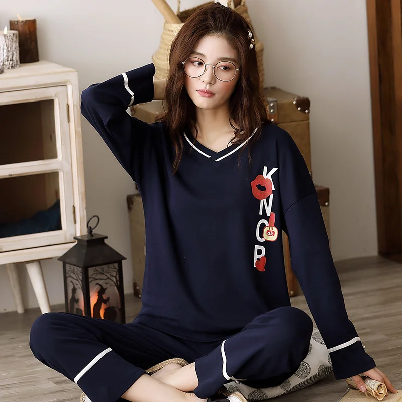 5XL Women Lovely Wear Leisure Autumn Spring Long Sleeved Pajamas Set Pant Pyjamas Sets Cotton Sleepwear | Женская одежда