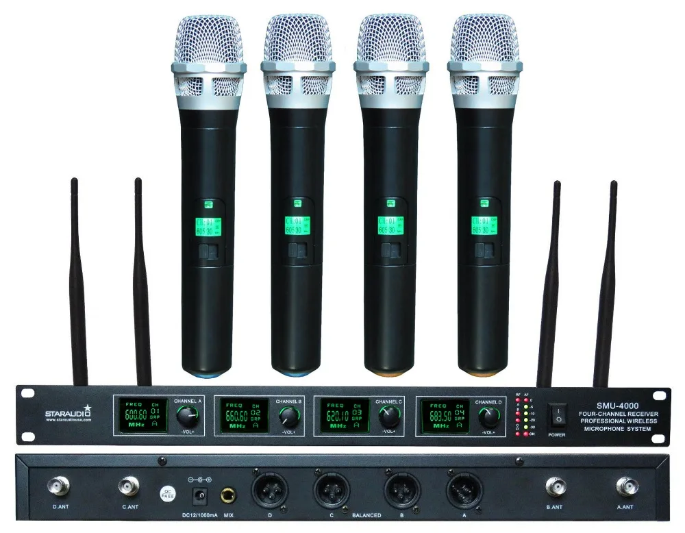 pro audio dj pa stage ktv karaoke church 4ch wireless party uhf mic system microphone with handheld