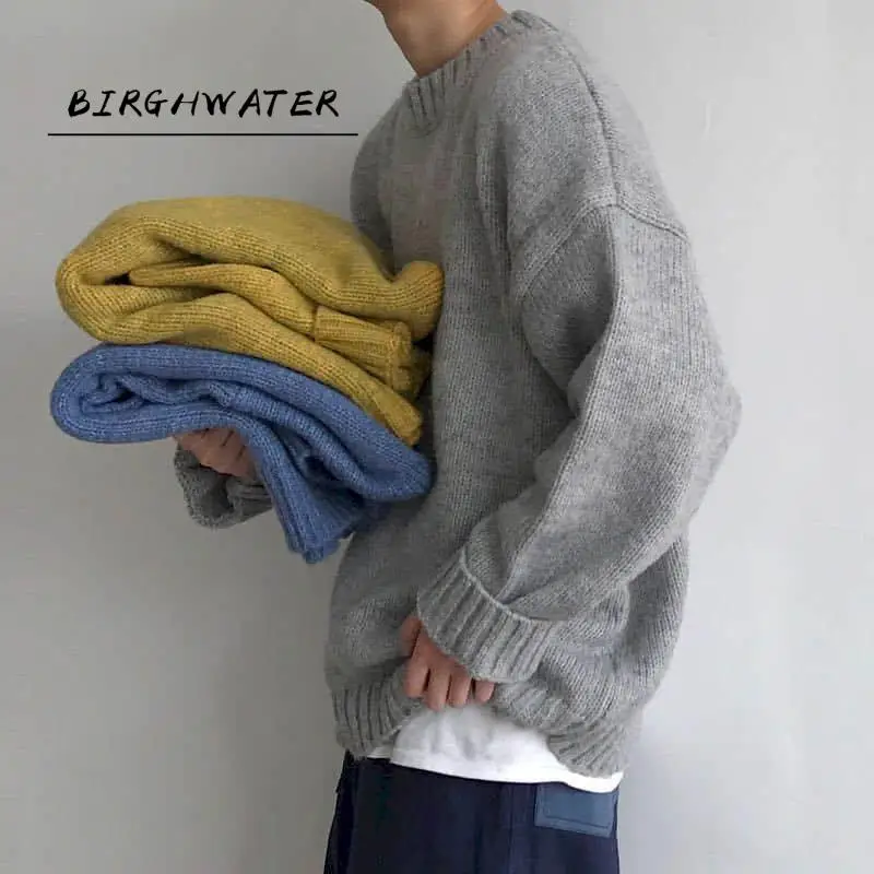 

Hong Kong style sweater male students Korean style loose round neck solid color sweater autumn winter sweater Harajuku jerseys