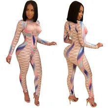 U Women Sexy Bodycon Jumpsuits Multicolor Block Cross Line Print O-Neck Slim Long Pencil Pants Party Club Curvaceous Lady Romper