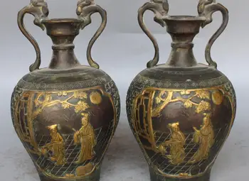 

10" Marked Chinese Bronze Gilt Dragon Beast Four Belle Vase Pot Pair Sculpture