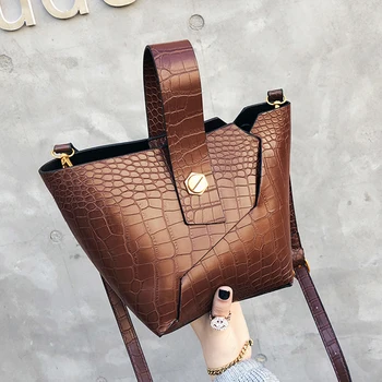 

Vintage Alligator Bucket Bag Women Handbags Large Capacity Rivet Messenger Bags Ladies Casual Pu Leather Shoulder Bags Purses