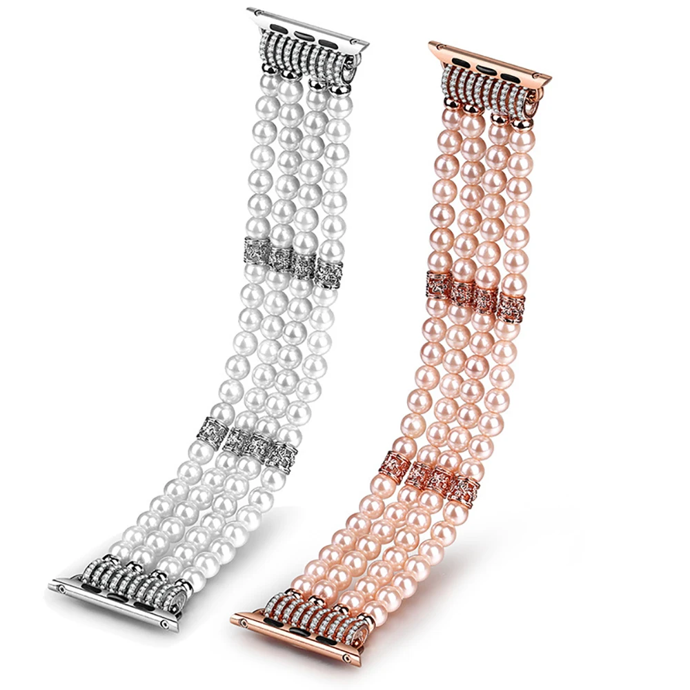 Ремешок женский с жемчужными бусинами для Apple Watch люксовый эластичный браслет iWatch