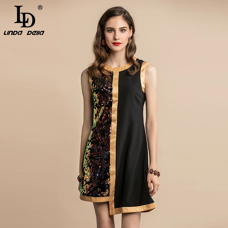 LD LINDA делла модное подиумное летнее платье женское без рукавов многоцветное расшитое блестками лоскутное асимметричное короткое платье - Цвет: Многоцветный