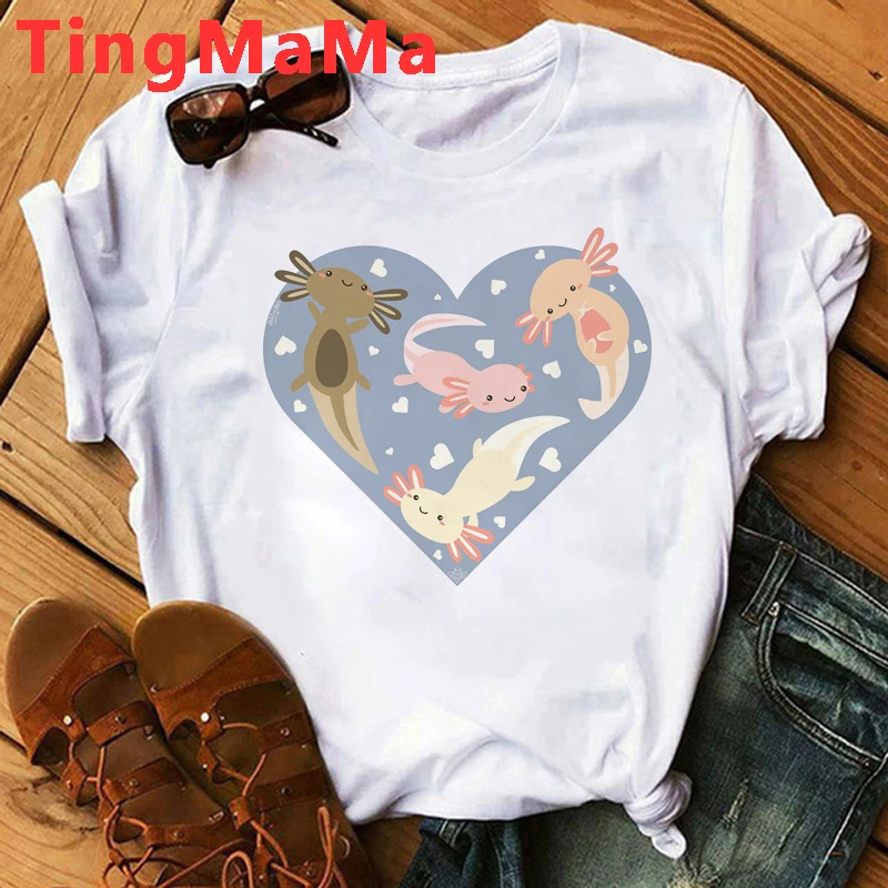 Kawaii Cartoon Axolotl T Shirt Women Funny Summer Tops Anime Graphic Tees Hip Hop Unisex Cute Harajuku Aesthetic Tshirt Female palm angels t shirt