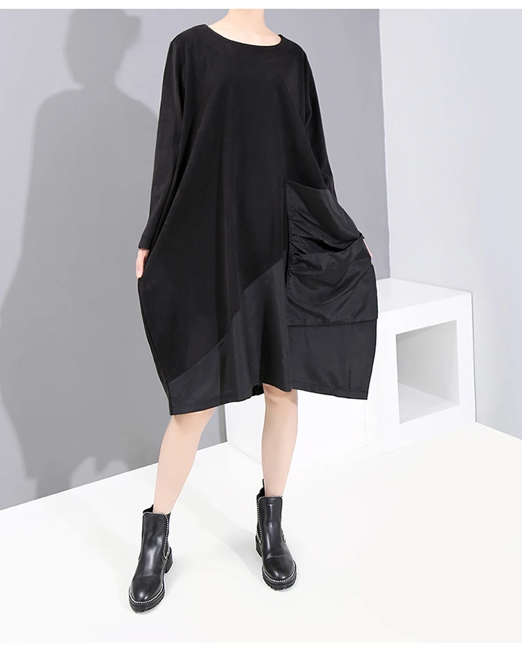 Корейский стиль, длинный рукав, Женское зимнее повседневное черное платье, пэтчворк, длина до колена, женское прямое платье миди, женская одежда 5730