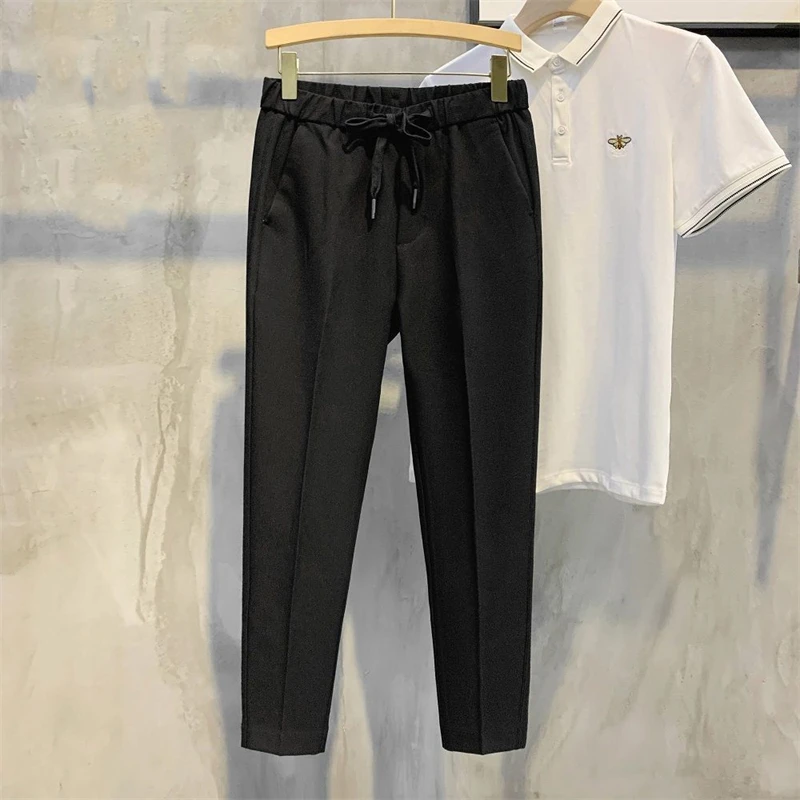 FOJAGANTO Spring Men Fashion Pants Solid Color Drape Small Straight Ankle-Length Pants Simple Business Casual Pants Male black casual trousers Casual Pants