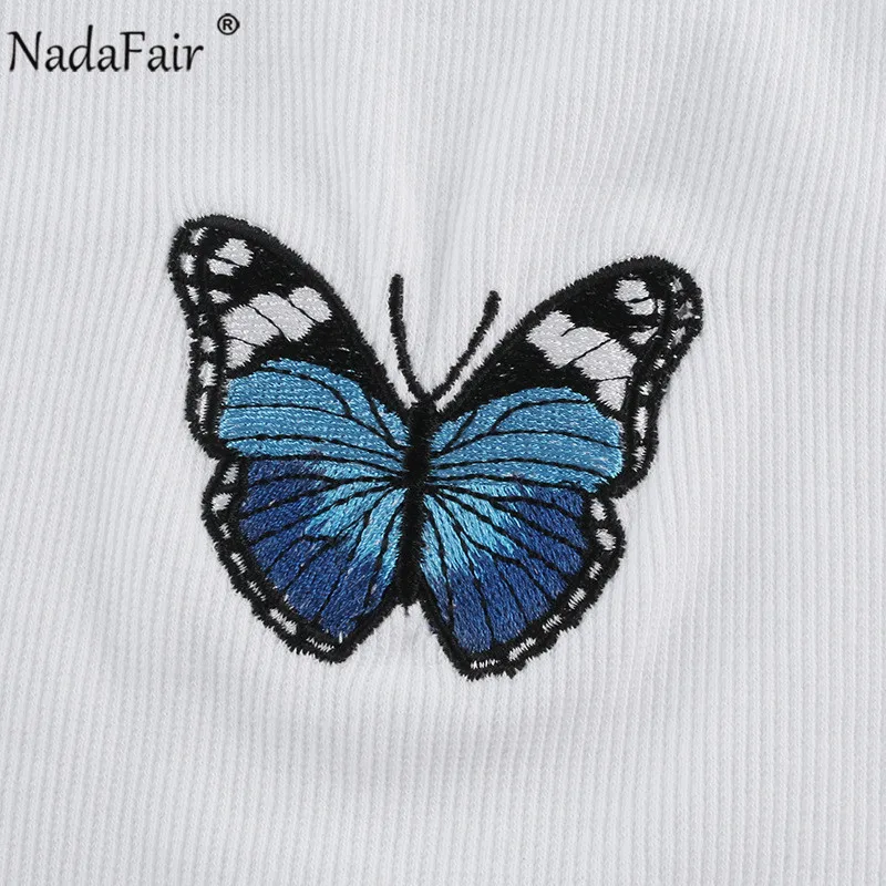 Женский ребристый Топ Nadafair Белый Трикотажный облегающий топ бабочка с вышивкой