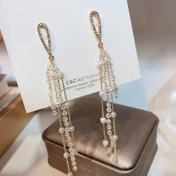 

2020 New Korean Version Of The Net Red Crystal Tassel Super Fairy Temperament Fashion All-match Pearl Long Earrings Women's