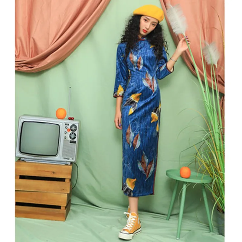 Женское платье Cheongsam с длинным рукавом, женское модифицированное платье для молодых девушек в ретро китайском стиле, платье с длинным рукавом средней длины на осень и зиму