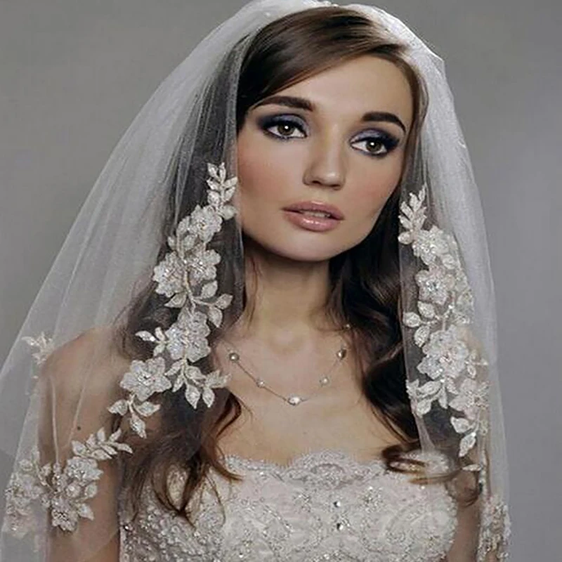 

Elegant Bride Veu Wedding 1 Layer White/Ivory Tulle Elbow Lace Edge Bride Bridal Wedding Veil Lace Edge Bridal Veil