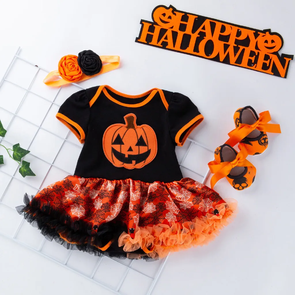 

Fashion Toddler Baby Kids Girls Halloween Cartoon Pumpkin Tulle Romper Dress Shoes Hairband Set Free Ship roupa infantil Z4