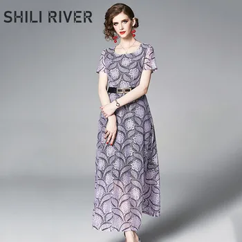 

2020 new summer fashion designer long dress for women short sleeve slim floral elegant gorgeous lace party dresses belt purple