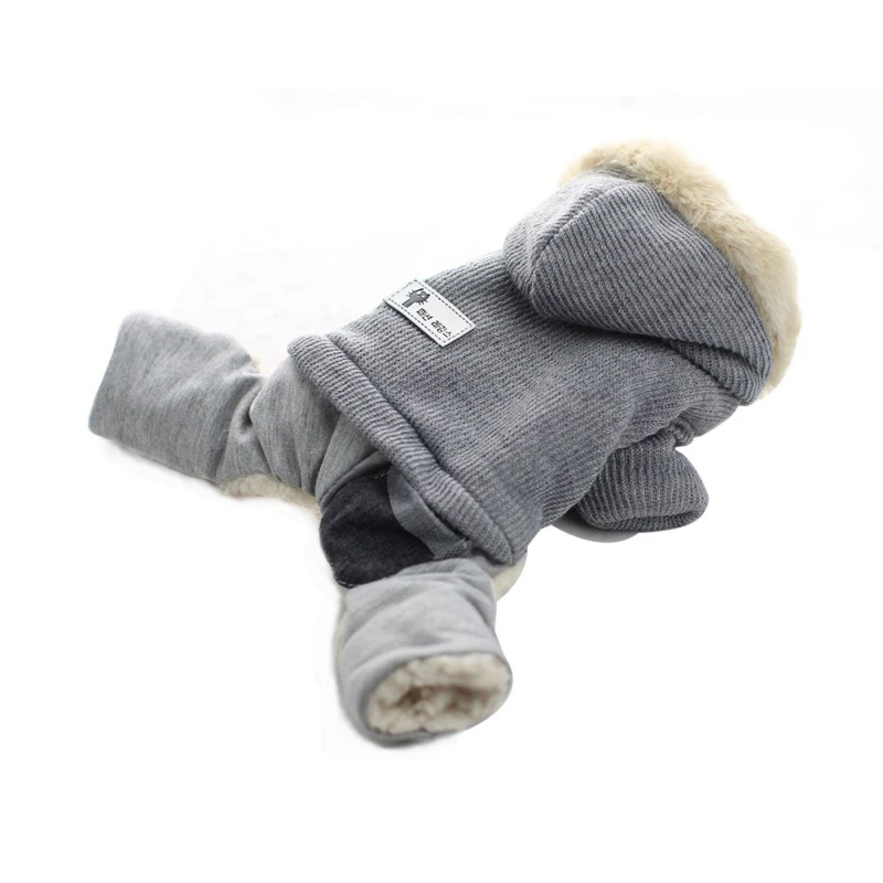 Wool Rabbit Dog Jumpsuit Winter Clothes Thick Fleece Dog Hooded Warm Padded Pets Puppy Costumes Four-legged For Small Dogs - Цвет: Серый