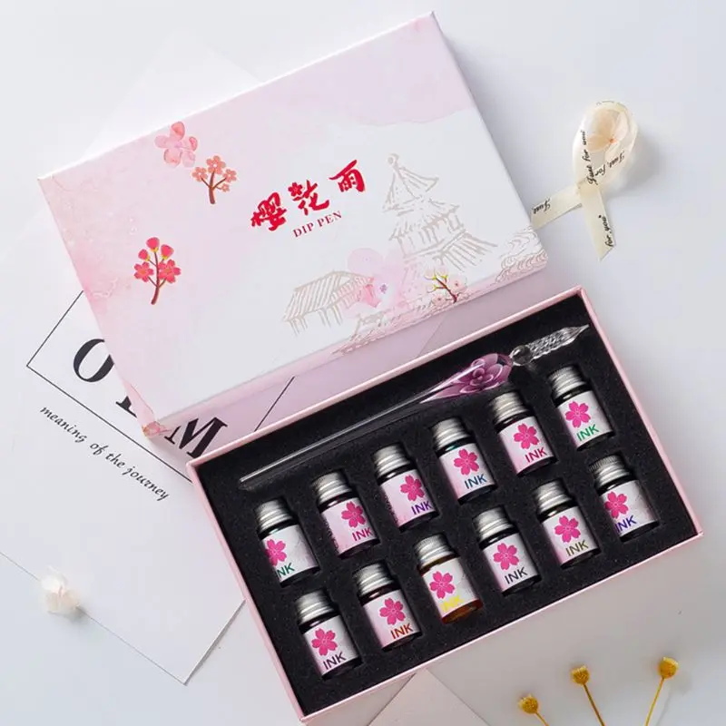 Creative Star Dip Pen Crystal Glass Pen with Water and Ink Pen Student Starry Gradient Color Hand-painted Pen Ink Set Gift