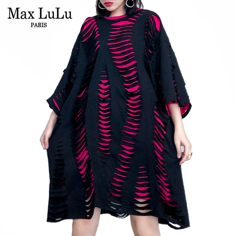 

Max LuLu 2020 Spring New Fashion Ladies Vintage Patchwork Dresses Womens Punk Style Holes Dress Luxury Party Vestidos Plus Size