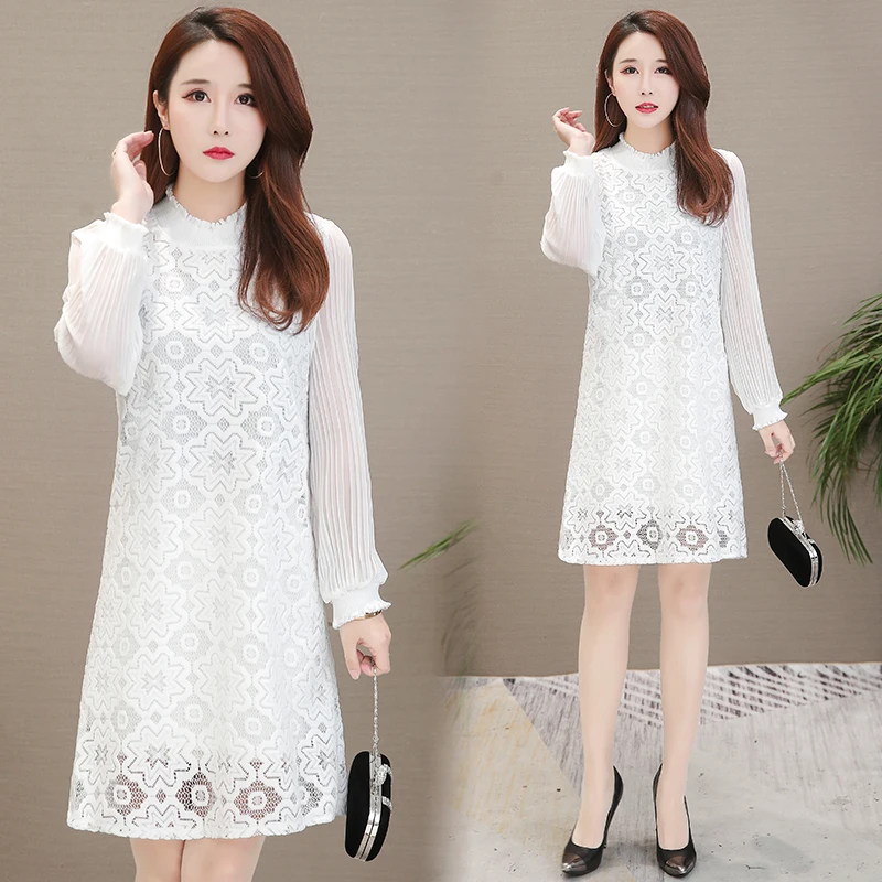 

2020 Lace Patchwork Mini Dresses Spring Autumn 5XL Plus Size Solid Lantern Sleeve Dress Elegant Women Bodycon Party Vestidos
