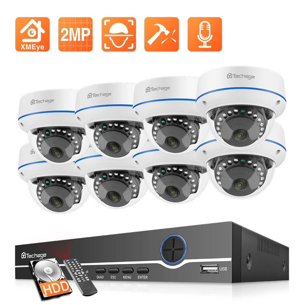Techage 8CH 1080P POE NVR Kit Система видеонаблюдения H.265 2 мегапиксельная аудиомикрофон