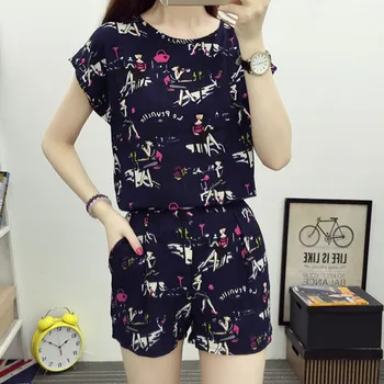 

2pcs/set Summer Suit Short Sleeves Tops Short Pants Loose Round Neck Casual Female Outfits JL