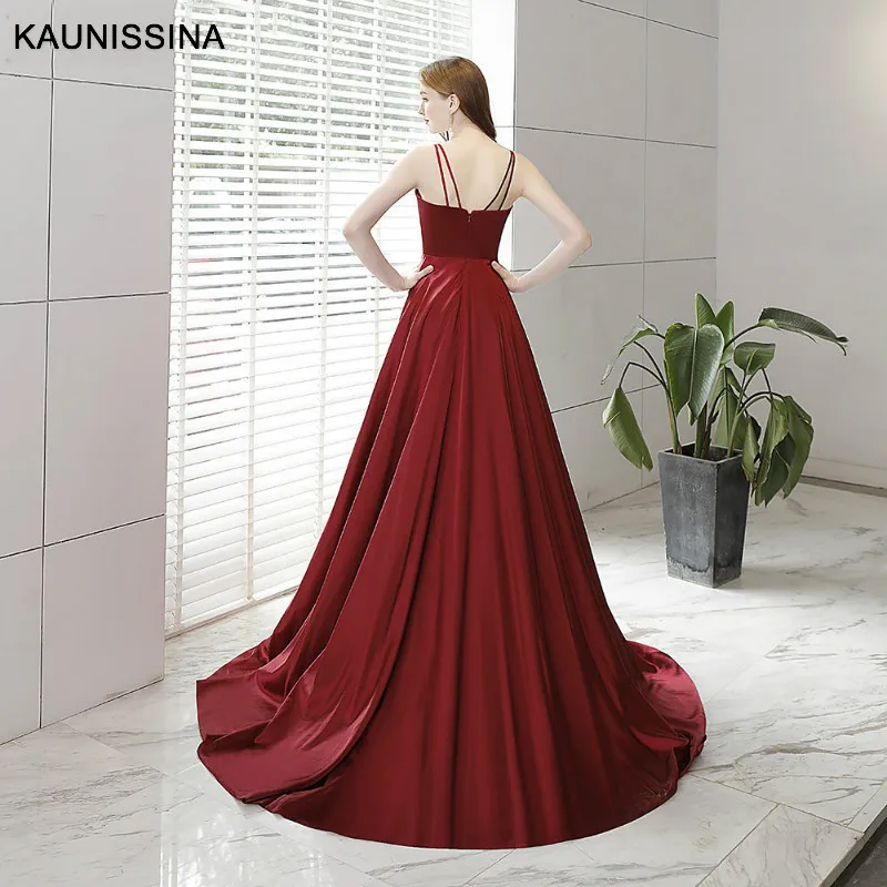 KAUNISSINA Vestido, красные длинные платья для выпускного вечера, сексуальные платья с высоким разрезом, глубоким v-образным вырезом, на бретелях, без рукавов, вечернее платье, а-силуэт, атласные вечерние платья