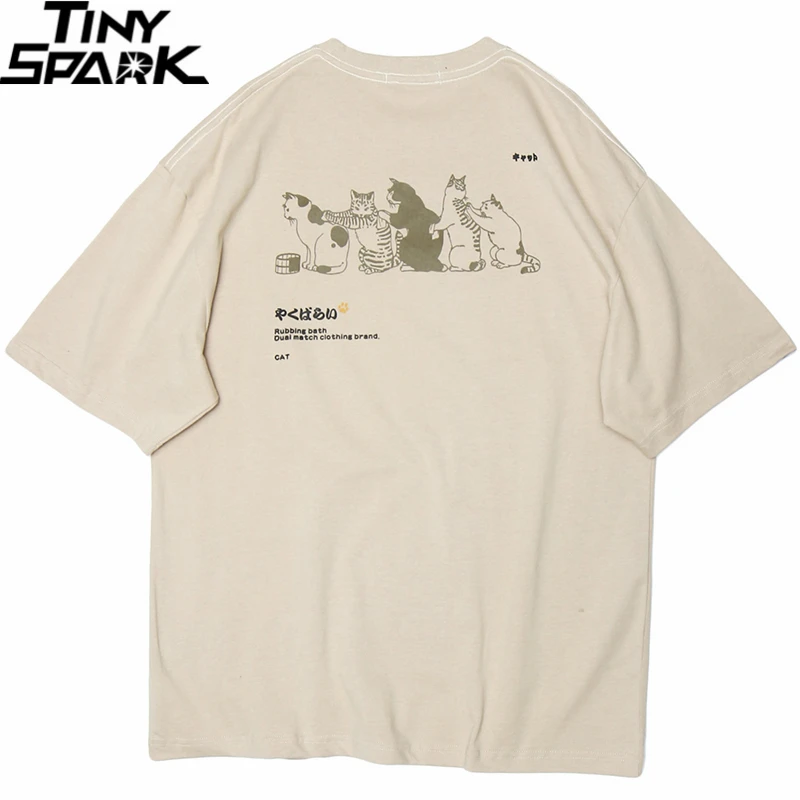 Hip-Hop T-Shirt Tees Tops Short-Sleeve Japanese Kanji Streetwear Funny Cat Print Harajuku