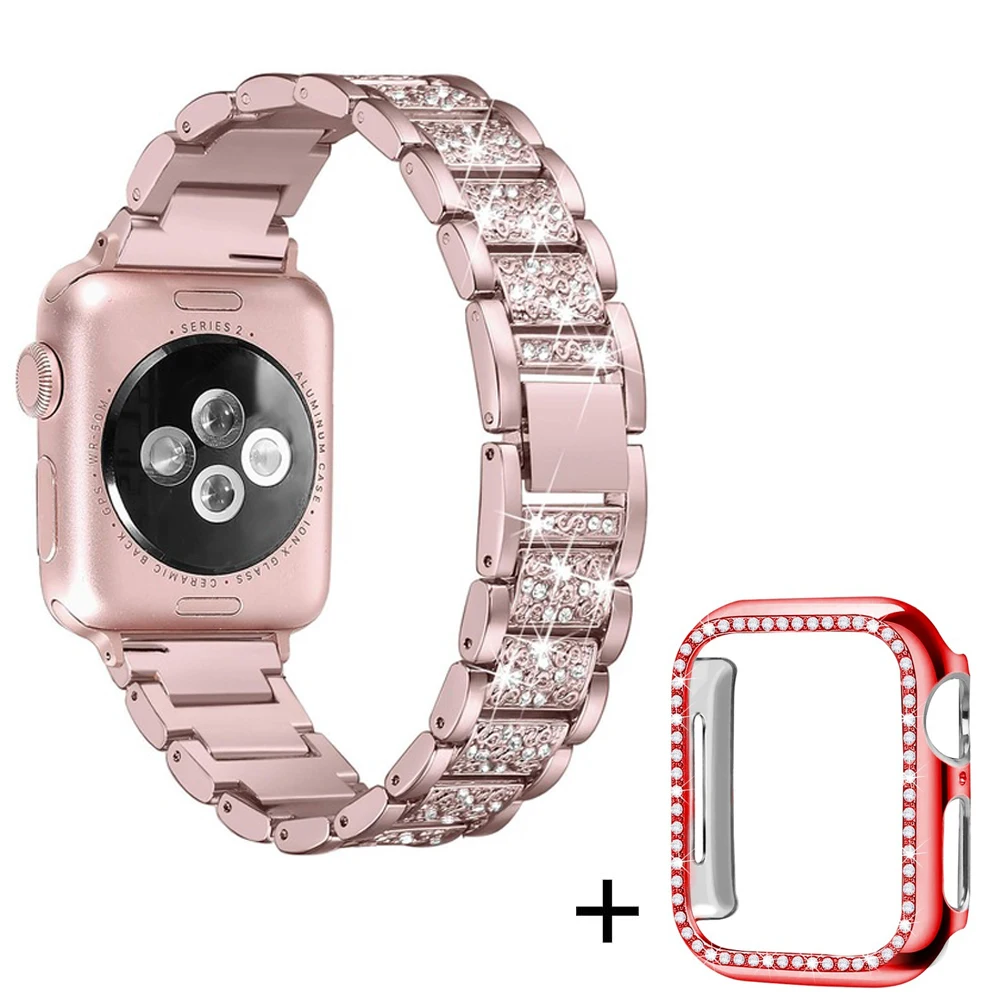Rose-pink-red case Ремешок со стразами+ чехол для Apple Watch 38 мм 42 мм металлические стразы сменный Браслет для женщин iWatch 40 мм 44 мм серия 5 4 - Цвет ремешка: Rose-pink-red case